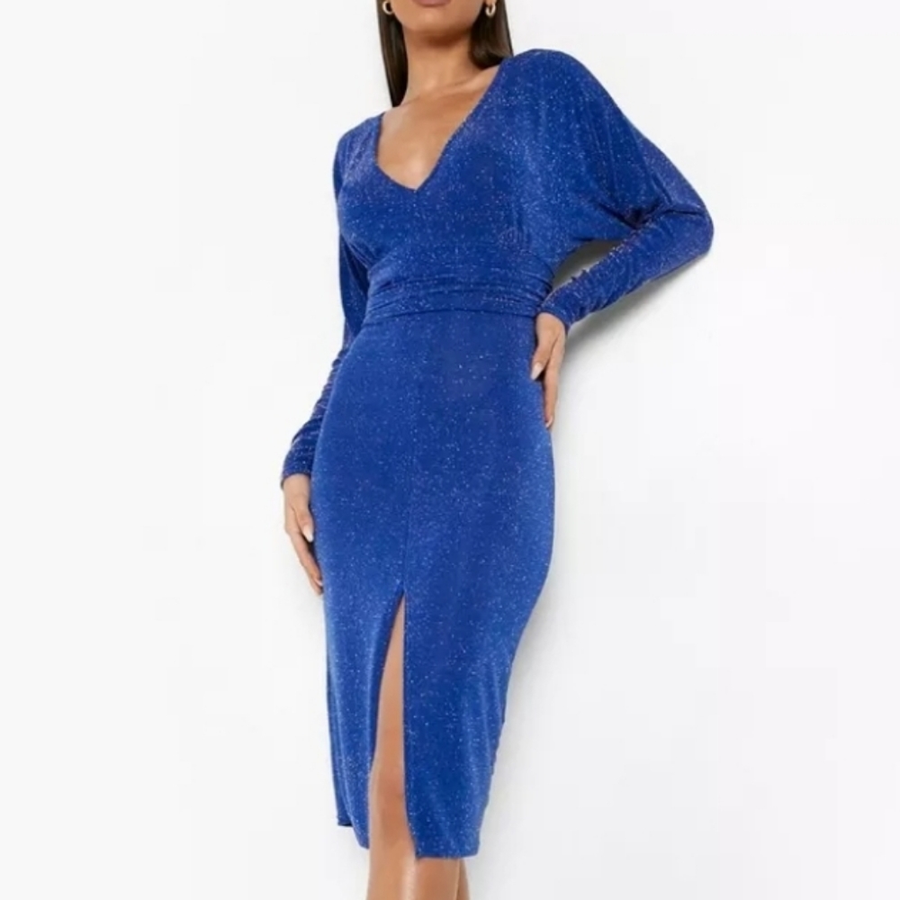🔥 SPARKLE PLUNGE SPLIT DETAIL MIDI BODYCON  PARTY DRESS 👗 ✨️ SIZE 4